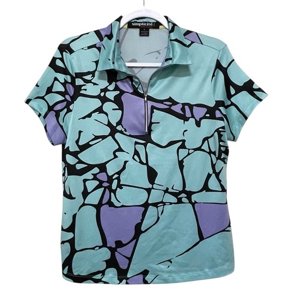 Jamie Sadock Simplicite Aqua Blue Purple Abstract Golf Polo Athleisure Size M - Picture 2 of 10